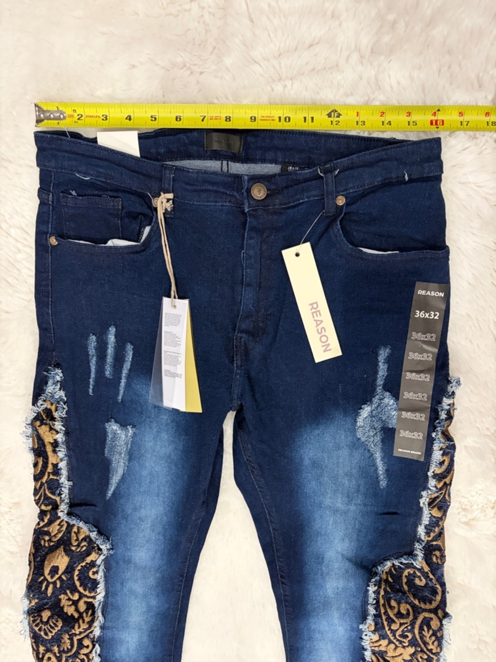 Reason Embroidered Side-Panel Skinny Jeans - Navy & Gold,Size 36x32 - Picture 12 of 17